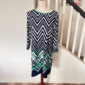 Eliza J navy white & green sheath dress with chunky zipper up back size 16